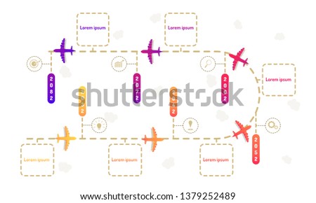 plane flying roadmap timeline elements with markpoint graph think search gear target icons. vector illustration eps10