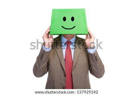 Man with a green box on a head, isolated over a white background