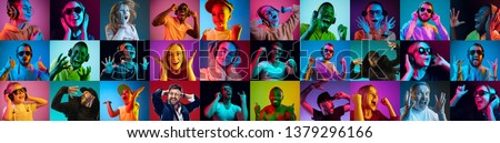 The collage of faces of surprised people on colored backgrounds. Happy men and women smiling. Human emotions, facial expression concept. Different human facial expressions, emotions, feelings Royalty-Free Stock Photo #1379296166