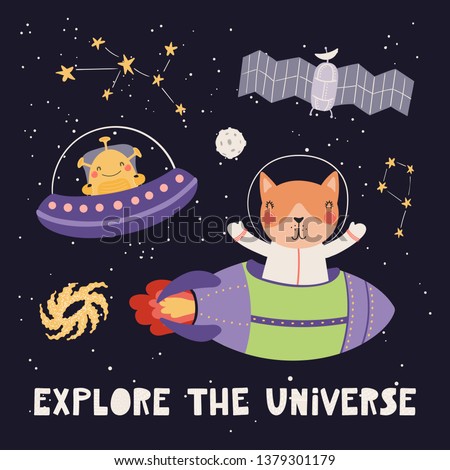 Hand drawn vector illustration of a cute cat astronaut, alien, in space, with lettering quote Explore the universe, on dark background. Scandinavian style flat design. Concept for children print.