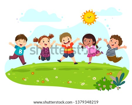 Group of happy kids jumping on summer meadow.