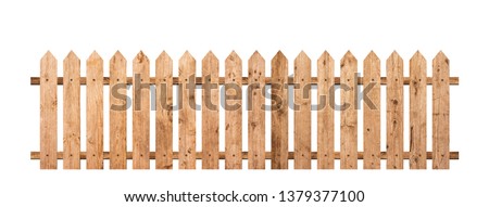 Brown wooden fence isolated on a white background that separates the objects. There are Clipping Paths for the designs and decoration Royalty-Free Stock Photo #1379377100