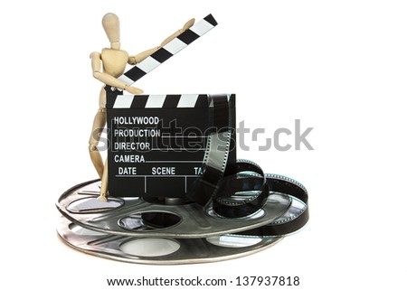 Wooden guy with Movie Clapper Board with film reel on white background
