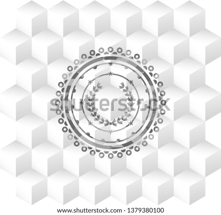 leaf crown icon inside grey emblem. Vintage with geometric cube white background