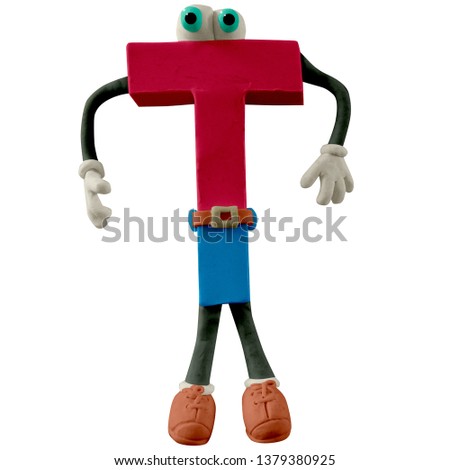 Funny letters with arms, legs and eyes. Letter “T”, cartoon, handmade with plasticine. Isolated on white background – Image