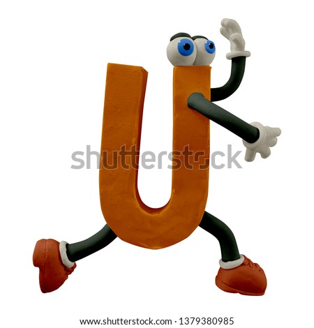 Funny letters with arms, legs and eyes. Letter “U”, cartoon, handmade with plasticine. Isolated on white background – Image