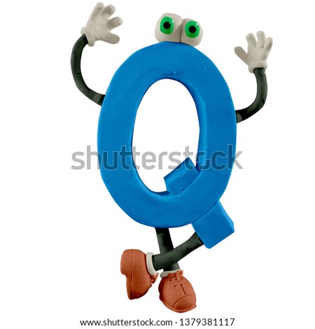 Funny letters with arms, legs and eyes. Letter “Q”, cartoon, handmade with plasticine. Isolated on white background – Image