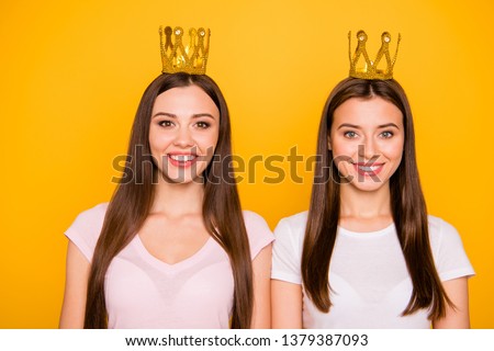 Close-up portrait of nice cute charming lovely well-groomed sweet fascinating feminine attractive confident cheerful straight-haired girls isolated over bright vivid shine background