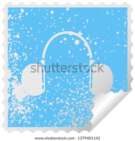 distressed square peeling sticker symbol of a retro headphone