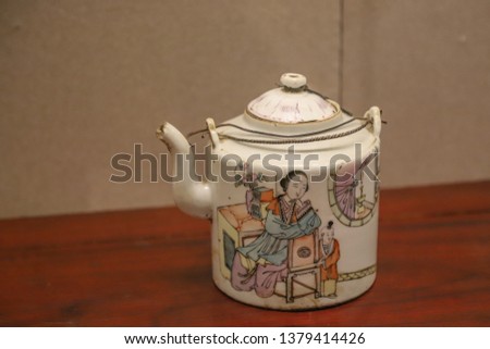 Old Chinese porcelain hand painted  white teapot (picture shows mon educating kid in a rich and civilised family)
