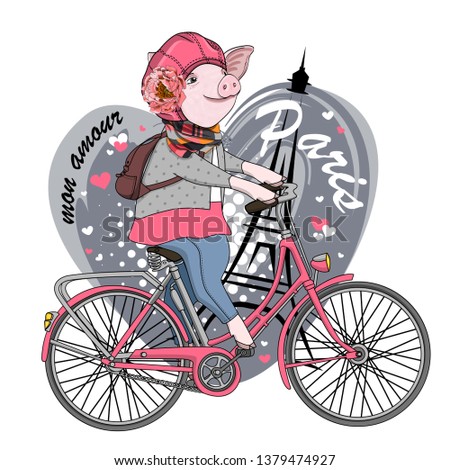Pretty pig with a bike and Eiffel Tower. Hand drawn illustration of dressed piggy in Paris. Romantic and fun trip.