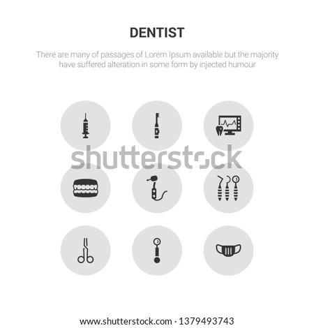 9 round vector icons such as dentist mask, dentist mirror, dentist scissors, tools, dentists drill tool contains denture, ekg monitor, electric toothbrush, empty syringe. mask, mirror, icon3_, gray