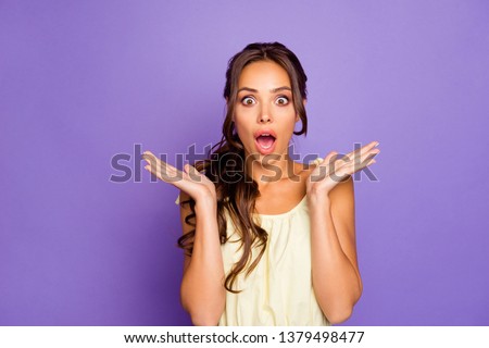 Close-up portrait of her she nice attractive stunning lovable fascinating winsome chic cheerful amazed wavy-haired girl wow expression isolated over violet pastel background