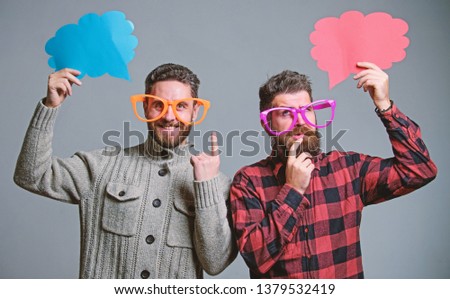 Comic and humor sense. Men with beard and mustache mature hipster wear funny eyeglasses. Explain humor concept. Funny story and humor. Comic idea. Men joking. Share opinion speech bubble copy space.