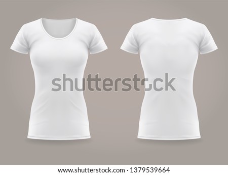 White isolated front and back view on women t-shirt. 3d or realistic woman t shirt with u-neck. Blank wear or clear, empty apparel for mockup. Background or template for clothing print. Female fashion