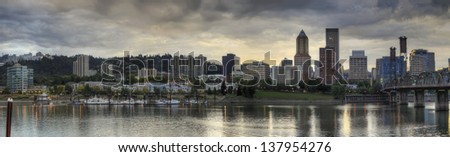 Stormy Sky Over Portland Oregon Waterfront Skyline Along Willamette River Panorama