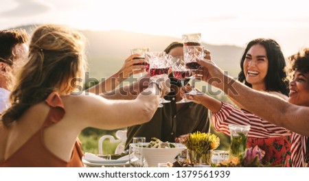 Group of young friends toasting drinks at a party. Young friends having drinks to celebrate a special occasion. Royalty-Free Stock Photo #1379561939