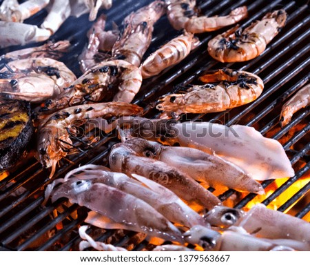 Grilled Squid street food BBQ cooking seafood.