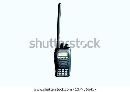 Portable radio transceiver isolated on white background. Portable walkie talkie. Communication device