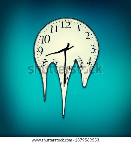 3d render Clock melting on a blue wall. The concept of time passing away.