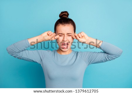 Close up photo beautiful she her lady arms hands rubbing eyes displeased by world epic fail fear awful situation want buy buyer new clothes wear casual sweater pullover isolated blue bright background