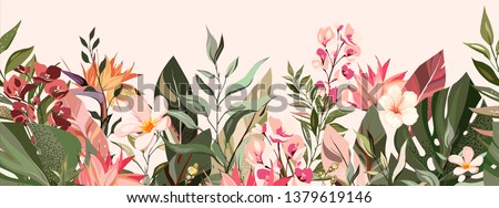 botanic seamless border, rim with exotic flowers and leaves, hand drawn background. floral pattern. fashion arrangements with tropical leaf