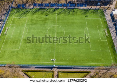 Aerial view of empty soccer field in Europe 