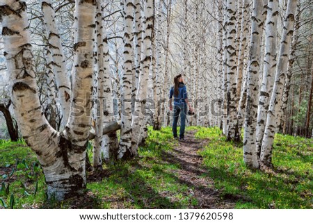 A man photographer stands on the trail in the spring birch forest. The guy holds a camera in his hand. View from the back. Fresh young grass and wildflowers. Alma-Ata's region. Kazakhstan.