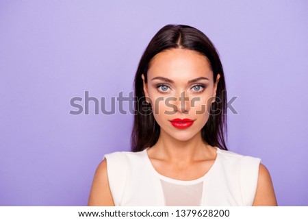 Close up photo beautiful amazing cheerful she her lady perfection ideal appearance visage maquillage plump allure pouted tempting red lips wear formal wear dress isolated violet purple background