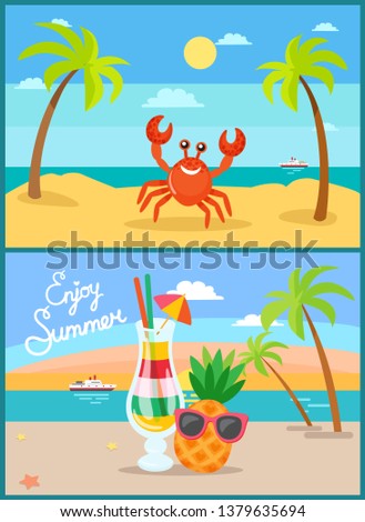 Beach summer vacation or holiday, tropical seaside shore vector. Crab on sand under palms, cocktail with straw and pineapple in sunglasses, yacht in sea