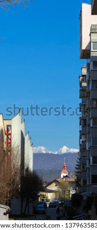 View of the peaks of mountains from city Ljubljana in the Slovenia 