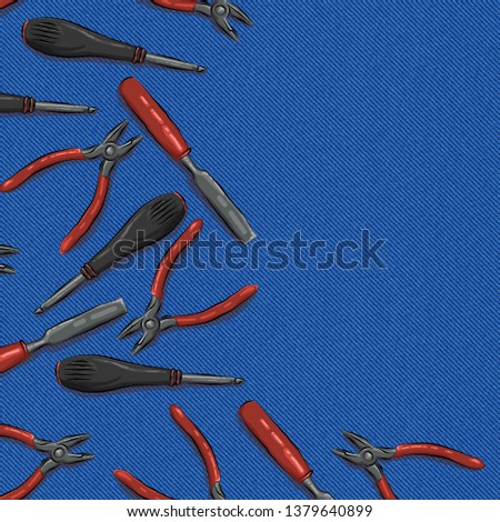 tools on a blue denim background, the chisel, screwdriver, pasatizhi with place for text Royalty-Free Stock Photo #1379640899