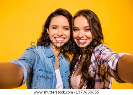Close up photo charming attractive teen teenagers make photo travel summer satisfied glad content free time concept fellow fellowship beautiful long hair plaid denim clothes isolated bright background