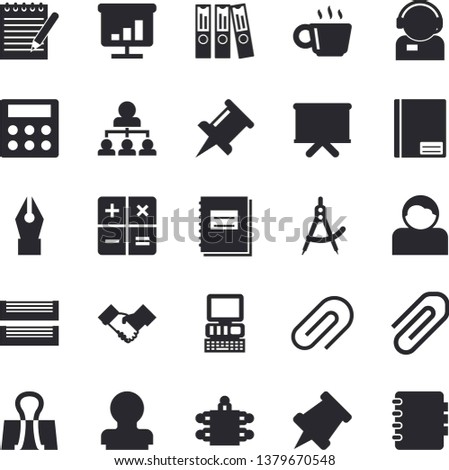 Solid vector icon set - dividers flat vector, telephone operator, flipchart, calculator, coffee, notebook, clip, drawing pin, chart, ink pen, folder, meeting, paper tray, hierarchy, agreement, stamp