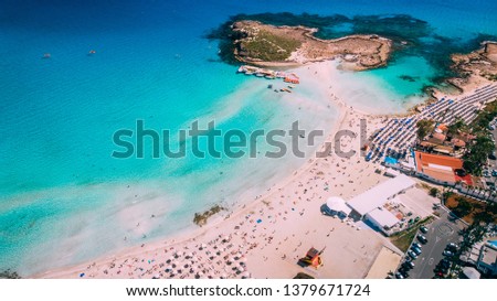 Aerial view of beautiful Nissi beach in Ayia Napa Royalty-Free Stock Photo #1379671724
