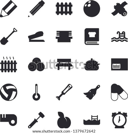 Solid vector icon set - paint brush flat vector, saucepan, meat hammer, cookbook, blender, temperature, plum, shovel, bench, radiator, barcode, pencil, stapler, satellit, bowling ball, volleyball