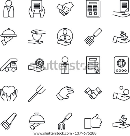 Thin Line Icon Set - passport vector, ladder car, handshake, document, garden fork, farm, glove, saw, heart hand, client, finger up, contract, waiter, palm sproute, investment