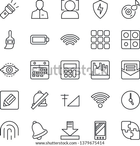 Thin Line Icon Set - mobile vector, menu, protect, themes, user, calculator, clock, bell, mail, scanner, calendar, notes, download, wireless, torch, mute, face id, eye, fingerprint, music, battery