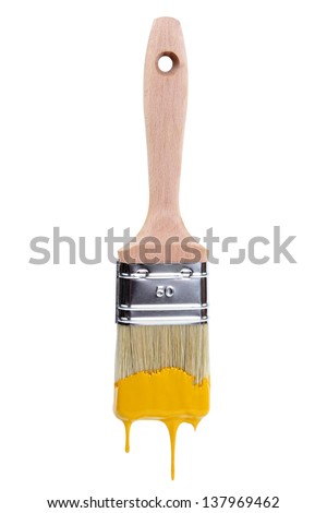 Paintbrush with dripping yellow paint isolated over white background Royalty-Free Stock Photo #137969462