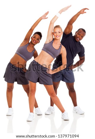 healthy three people workout and stretching arms over white background