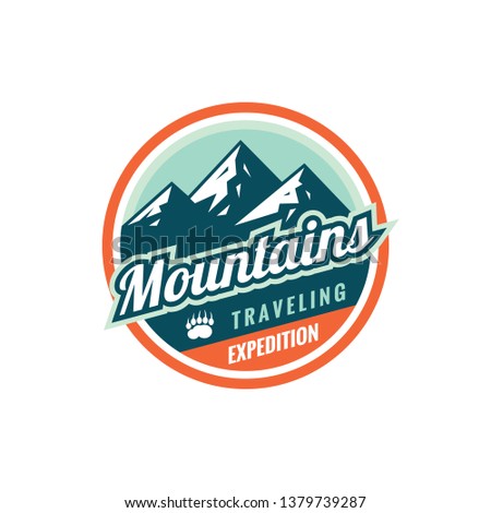 Mountains traveling expedition - concept badge. Climbing logo in flat style. Extreme exploration sticker symbol. Adventure outdoors Camping & hiking creative vector illustration. 