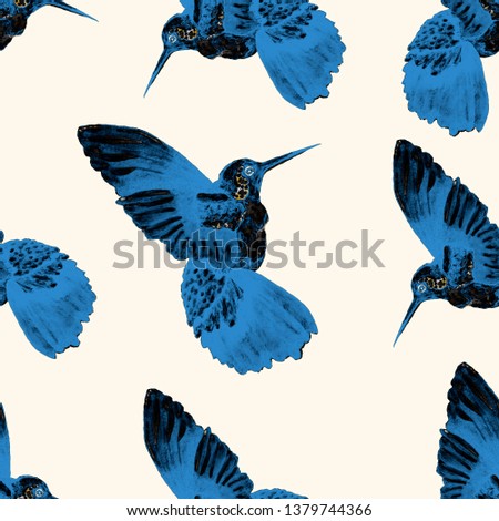 Watercolor seamless pattern with hummingbird. Watercolor illustration with colorful hummingbird for any kind of design. Seamless fabric texture. 
