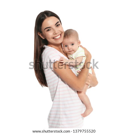 Portrait of happy mother with her baby isolated on white