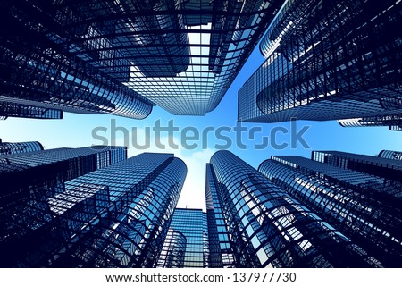 Low angle shot of modern glass city buildings during sunny day. Fisheye lens effect. Royalty-Free Stock Photo #137977730
