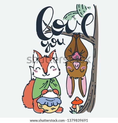 Love you. Cute cartoon animal. Vector clip art illustration for children design, cards, prints, coloring books. Grungy kawaii image