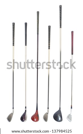 different golf clubs on white background.