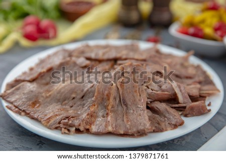 Turkish Doner Kebab on plate. Arabic traditional doner with pita bread / lavash. Protein nutrition, clean eating, diet concept. Turkish, greek or middle eastern style doner kebab food restaurant.