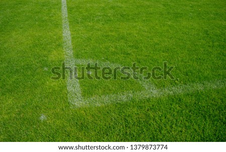 
Soccer field or Football field. Close up corner of white line paint on green synthetic lawn football,soccer field. 
