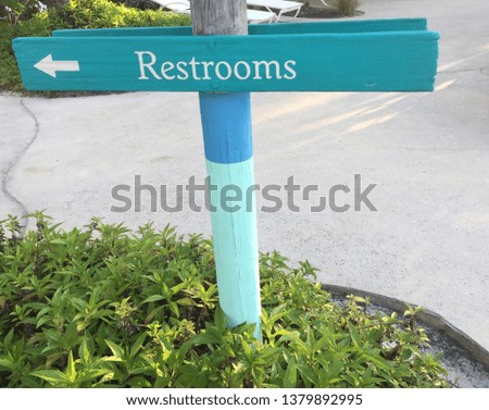 Two toned blue and teal wood bathroom sign with grass and concrete background 