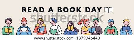 Horizontal banner outline. The concept of reading day. People who line up and read books. flat design style minimal vector illustration